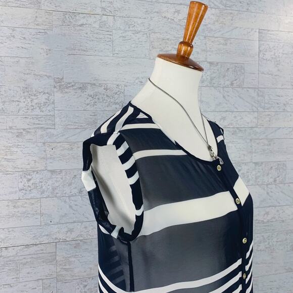 LOFT blue striped sheer cap sleeve blouse navy white business casual - Picture 4 of 7